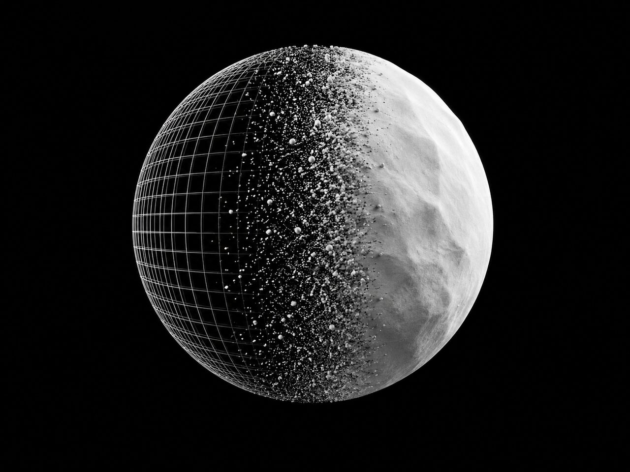 Abstract white sphere turning from wireframe into particles and then a solid form on black background